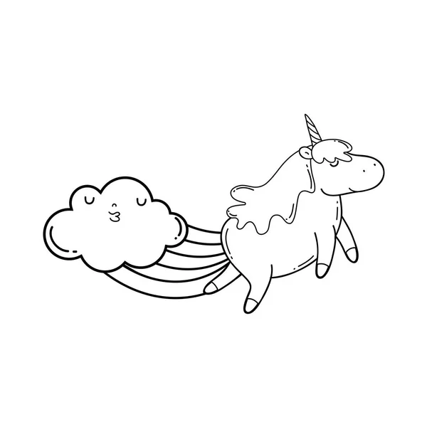 Schattig Eenhoorn Met Wolken Een Regenboog Kawaii Vector Illustratie Ontwerp — Stockvector