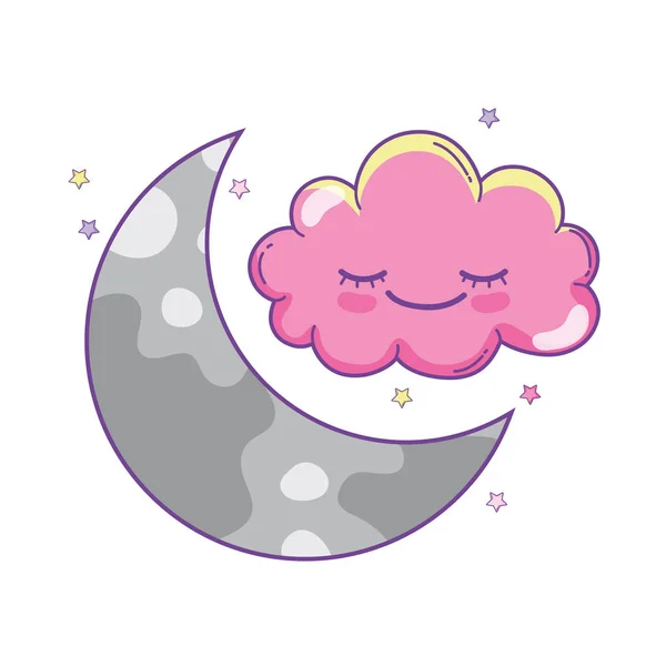 Nuage Souriant Lune Avec Des Étoiles Dessins Animés Mignons Vectoriel — Image vectorielle