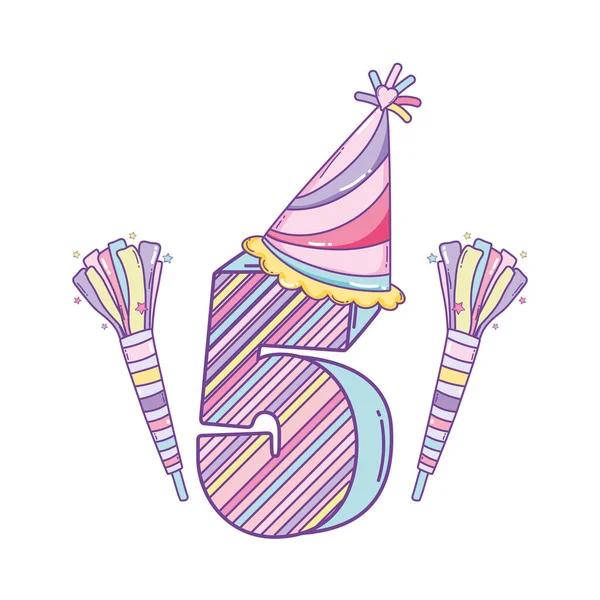 Födelsedag Ljus Nummer Fem Med Poppers Och Hatt — Stock vektor