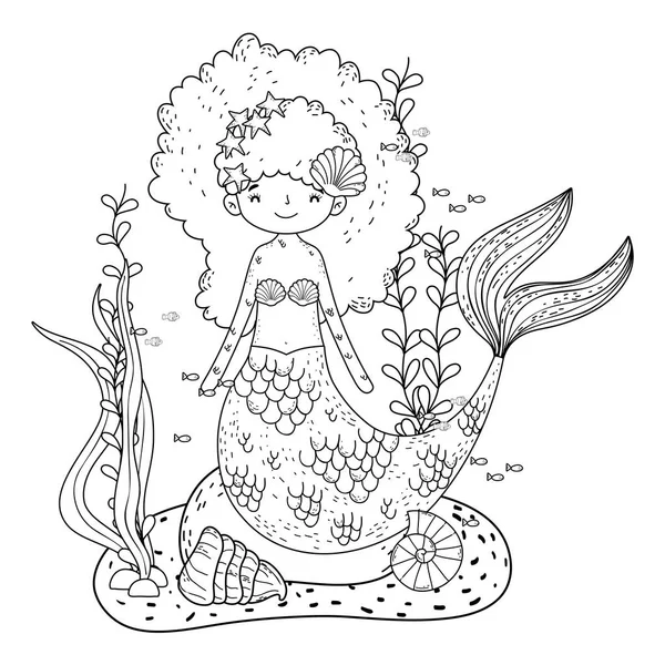 Mignonne Sirène Sous Mer Avec Conception Vectorielle Illustration Algues — Image vectorielle