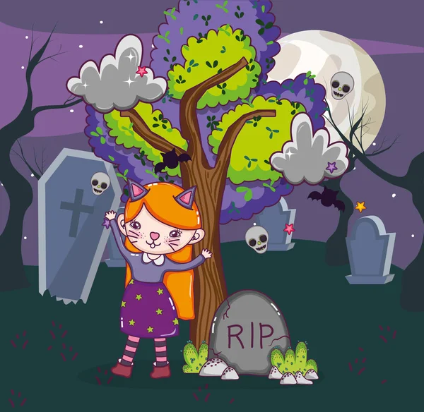 Halloween Celebration Night Girl Cat Costume Cartoons Vector Illustration Graphic — Stock Vector