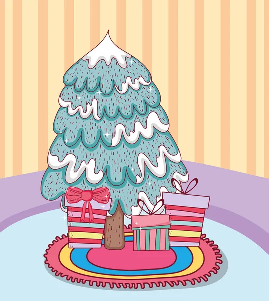 Arbre Noël Joyeux Avec Des Cadeaux Dans Maison Vectoriel Illustration — Image vectorielle