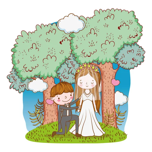 自然風景かわいい漫画ベクトル イラスト グラフィック デザインのカップルの結婚式の提案 — ストックベクタ