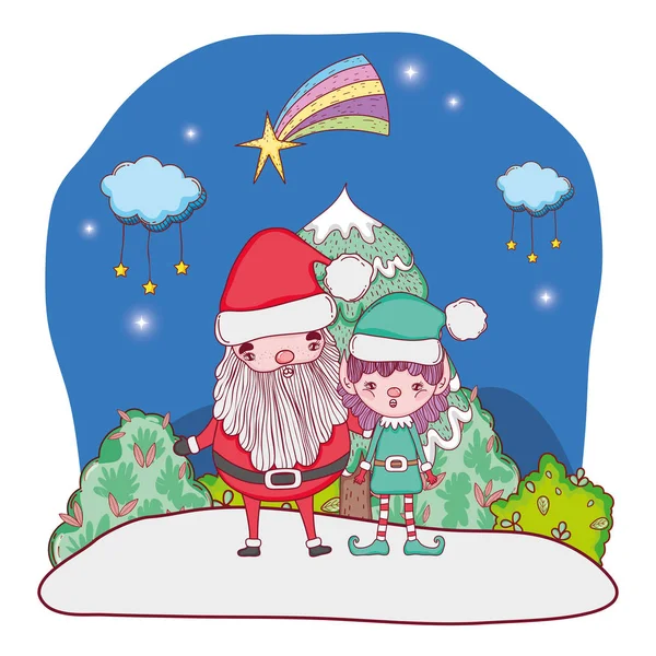 Санта Клаус Деревом Помічником Сніжному Пейзажі Векторні Ілюстрації — стоковий вектор