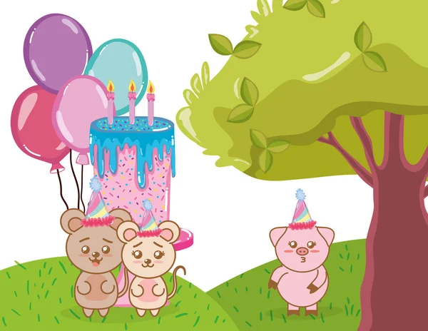 Fiesta Cumpleaños Con Animales Salvajes Lindos Dibujos Animados Vector Ilustración — Archivo Imágenes Vectoriales