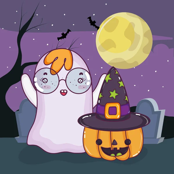 Fantasma Halloween Volando Alrededor Del Cementerio Noche Vector Ilustración Diseño — Archivo Imágenes Vectoriales