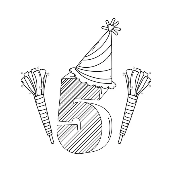 Vela Cumpleaños Número Cinco Con Poppers Sombrero Vector Ilustración Diseño — Archivo Imágenes Vectoriales