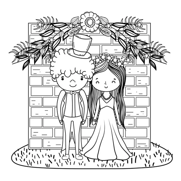 Pareja Boda Sobre Ladrillos Pared Lindo Vector Dibujos Animados Ilustración — Archivo Imágenes Vectoriales