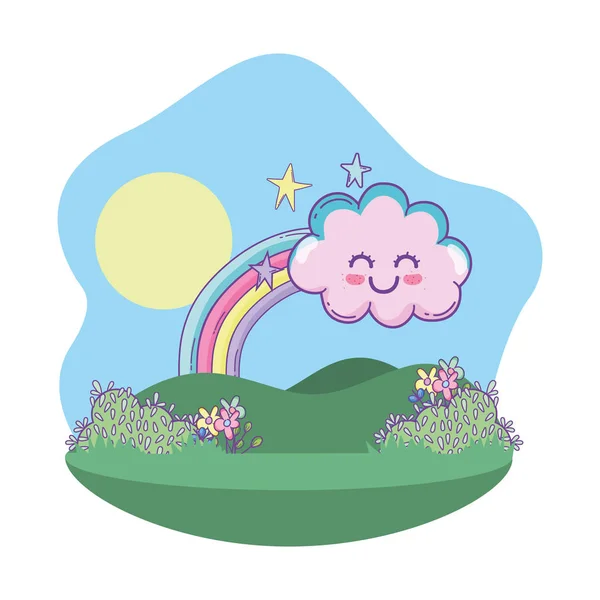 Niedliche Landschaft Mit Wolken Und Regenbogen Cartoon Vektor Illustration Grafik — Stockvektor