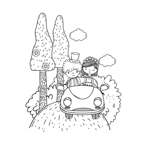 新婚夫妇婚姻在老爷车在森林可爱的卡通矢量插图图形设计 — 图库矢量图片
