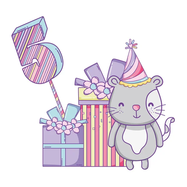 Happy birthday cat number five with gift boxes and hat cartoon vector illustration graphic design