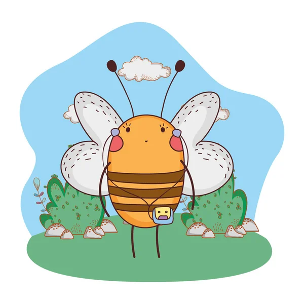 Schattige Kleine Honingbij Met Walkman Vector Illustratie Ontwerp — Stockvector
