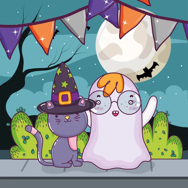 Halloweenské Noci Duchem Kočka Kreslené Vektorové Ilustrace Grafický Design — Stockový vektor