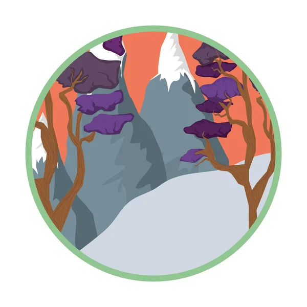 Krajina Snow Mountain Kruhový Rám Vektorové Ilustrace Designem — Stockový vektor