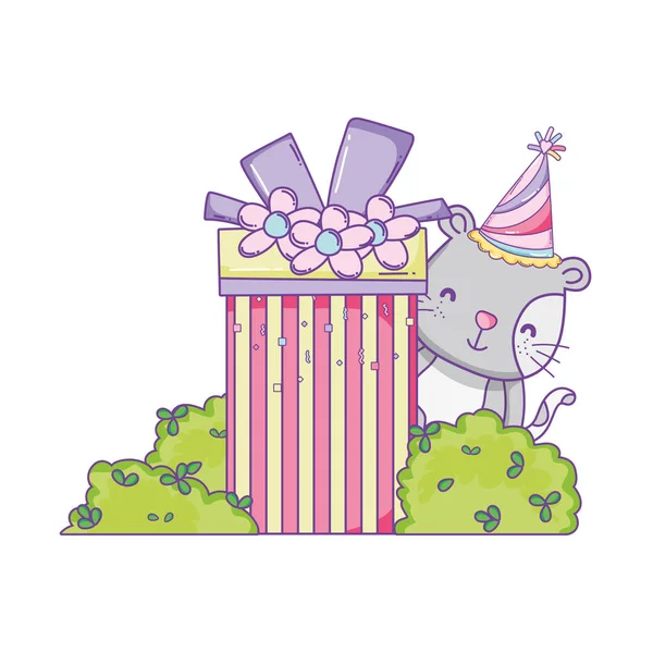 愉快的生日猫与礼品盒在灌木向量例证图则设计 — 图库矢量图片