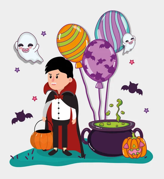 Boy Oslava Halloween Upíří Kostým Kreslené Vektorové Ilustrace Grafický Design — Stockový vektor