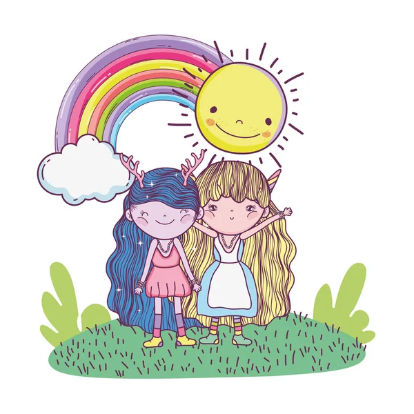 Lindo Poco Hadas Pareja Con Arco Iris Sol Vector Ilustración — Vector de stock