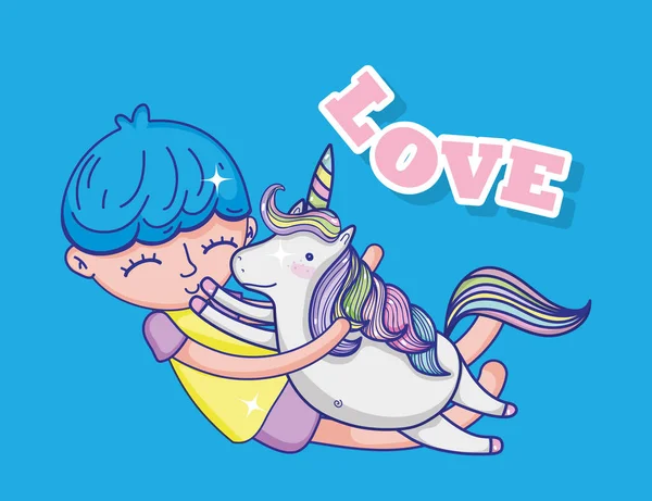 Niño Unicornio Volando Amor Dibujos Animados Lindo Vector Ilustración Diseño — Vector de stock