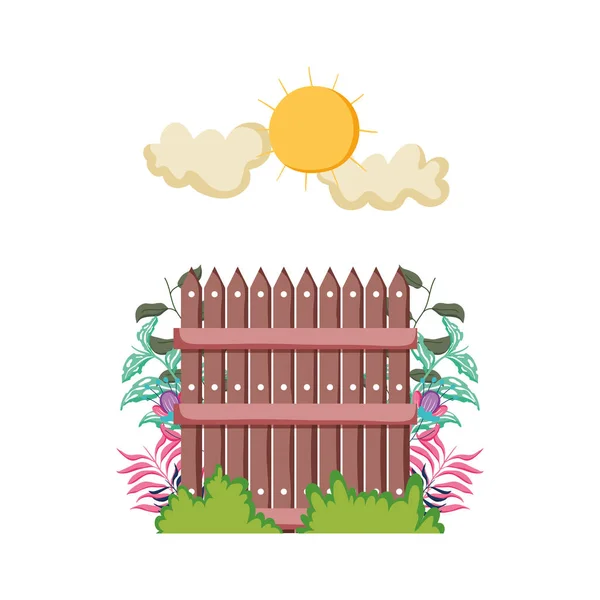 Wooden Fence Garden Flowers Scene Vector Illustration Design — Stock Vector