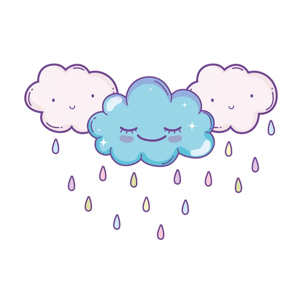 Şirin Bulutlar Cartoon Gülümseyen Yağmur Illüstrasyon Grafik Tasarım Vektör — Stok Vektör