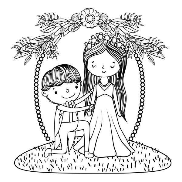 Couple Mariage Sur Couronne Décorative Nature Dessin Animé Mignon Vecteur — Image vectorielle