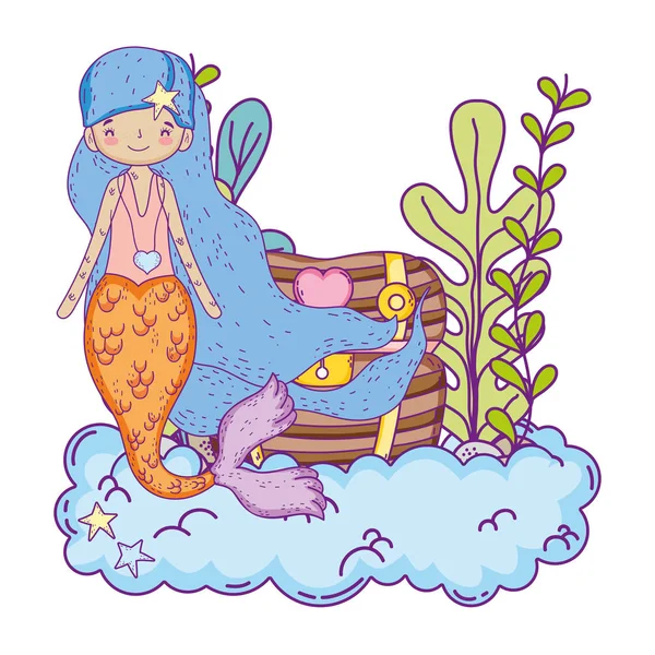 Cute Mermaid Treasure Chest Undersea Vector Illustration Design — Stock Vector