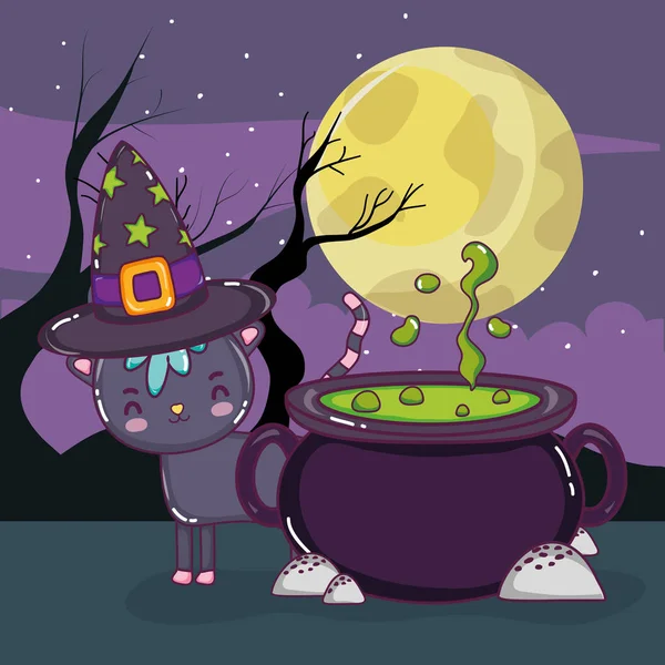 Gato Halloween Com Elementos Assustadores Bonitos Noite Ilustração Vetorial Design — Vetor de Stock