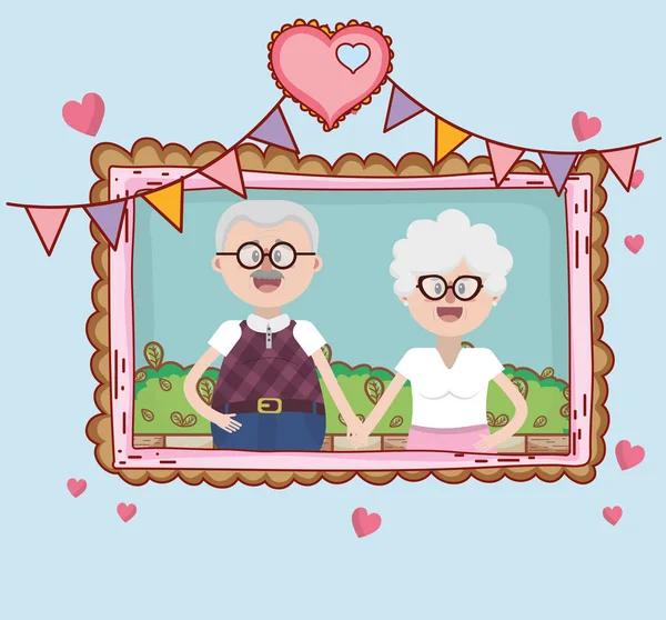 Grandparents Love Couple Together Park Frame Cartoon Vector Illustration Graphic — Stock Vector