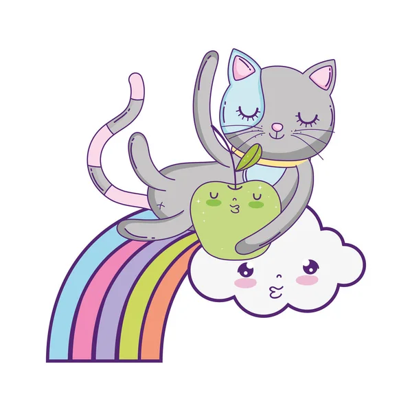 新鮮なリンゴとかわいい猫と虹ベクトル イラスト デザイン — ストックベクタ