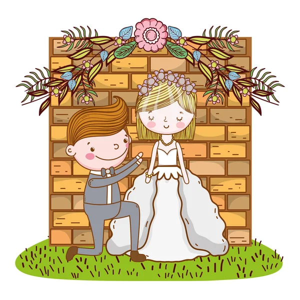 Ζευγάρι Πρόταση Γάμου Πάνω Από Τούβλα Τοίχο Χαριτωμένα Κινούμενα Σχέδια — Διανυσματικό Αρχείο