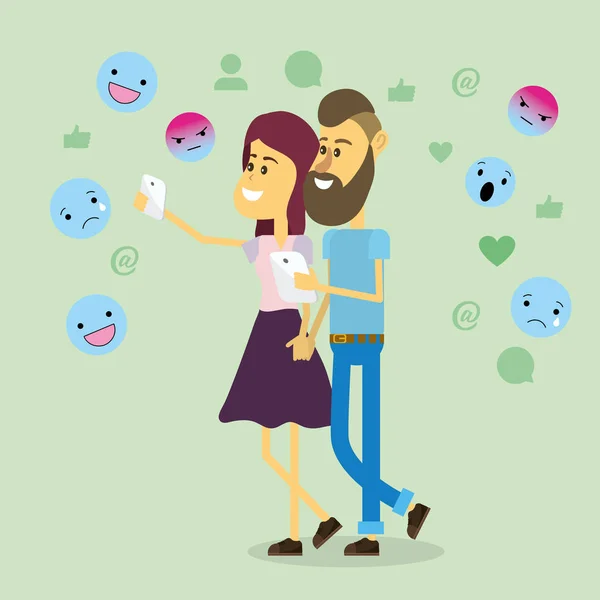 Jeune Couple Utilisant Les Réseaux Sociaux Smartphone Illustration Vectorielle Graphisme — Image vectorielle