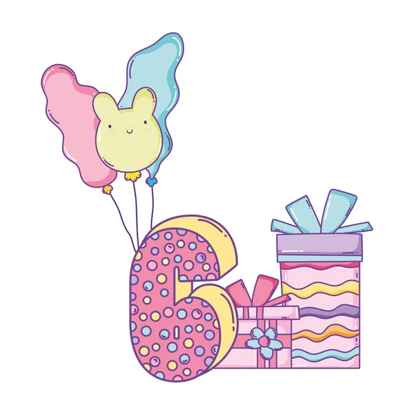 生日礼品盒与气球和数字六卡通 — 图库矢量图片