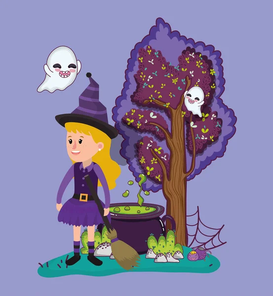 Halloween Menina Celebração Com Traje Bruxa Desenhos Animados Vetor Ilustração —  Vetores de Stock