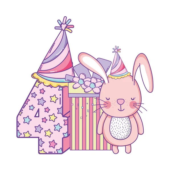 Feliz Cumpleaños Conejo Número Cuatro Con Caja Regalo Sombrero Dibujos — Vector de stock