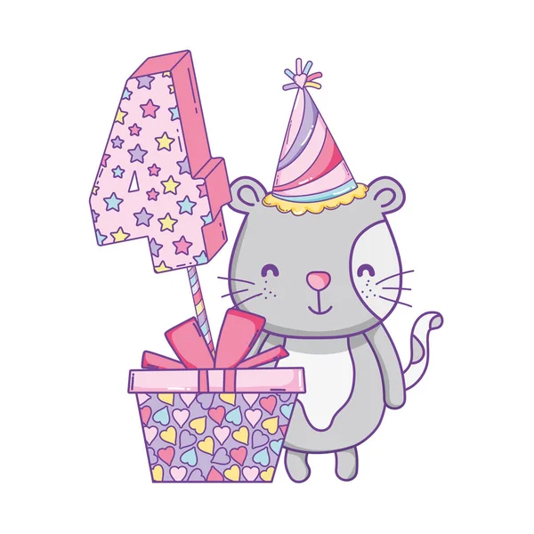 Feliz Cumpleaños Gato Número Cuatro Con Sombrero Caja Regalo Vector — Archivo Imágenes Vectoriales