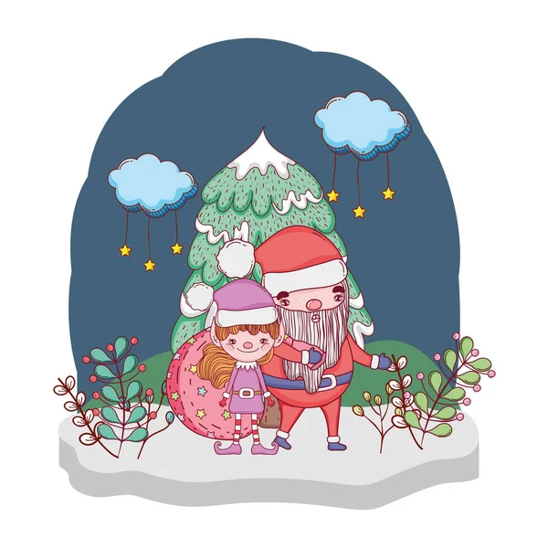 Weihnachtsmann Mit Baum Und Helfer Schneelandschaftsvektorbild — Stockvektor