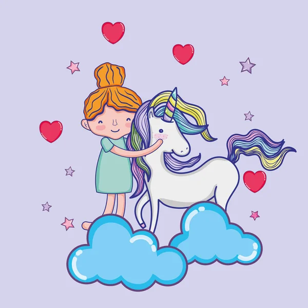 Girl with unicorn in love with hearts and stars cute cartoon vector illustration graphic design