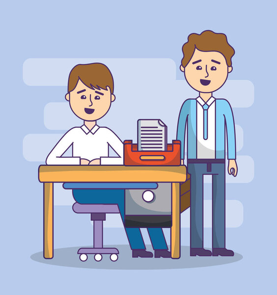 деловые коллеги с канцелярскими принадлежностями и элементами векторной иллюстрации
