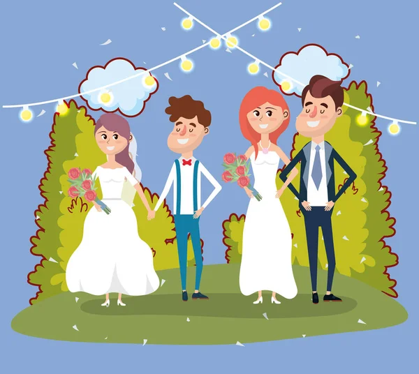 Recién Casados Parejas Boda Diseño Tarjetas Vector Ilustración Diseño Gráfico — Archivo Imágenes Vectoriales