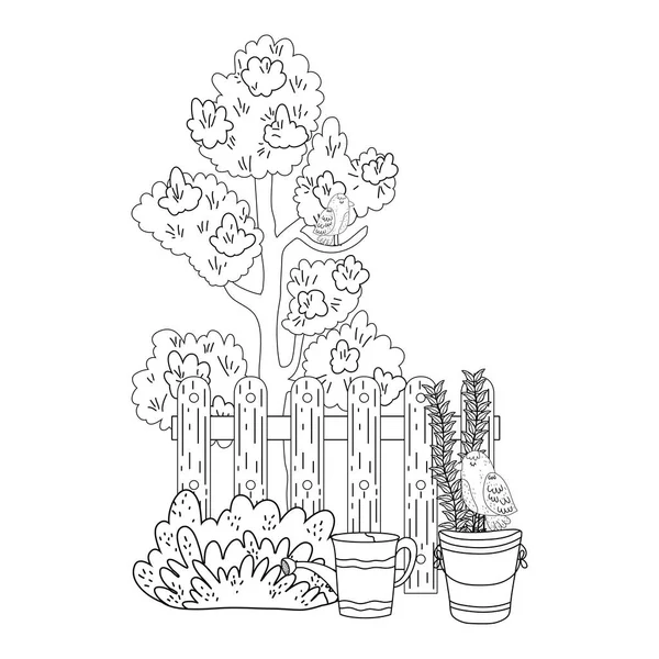 Baumpflanze Mit Zaun Und Buschvektor Illustration Design — Stockvektor