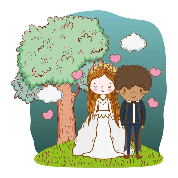 Paar Hochzeit Auf Natur Landschaft Niedlich Cartoon Vektor Illustration Grafik — Stockvektor
