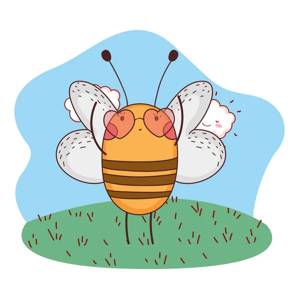 Niedliche Kleine Biene Mit Herzsonnenbrille Camp Vektor Illustrationsdesign — Stockvektor