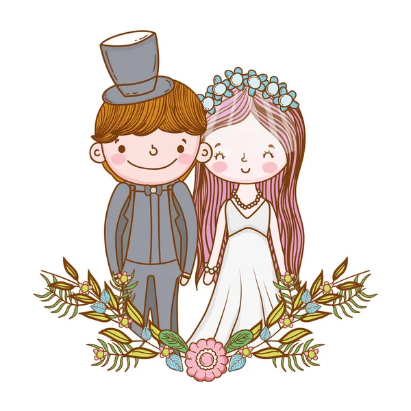 Couple Mariage Mignon Portrait Feuilles Cadre Vectoriel Illustration Conception Graphique — Image vectorielle