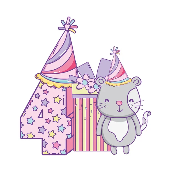 生日快乐猫第四与礼品盒和帽子卡通矢量插图图形设计 — 图库矢量图片