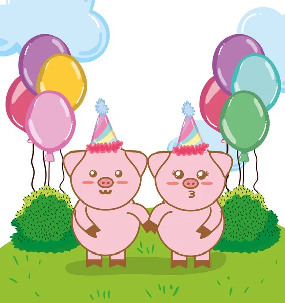 Geburtstagsfeier Mit Niedlichen Schweinen Cartoons Vektor Illustration Grafik Design — Stockvektor