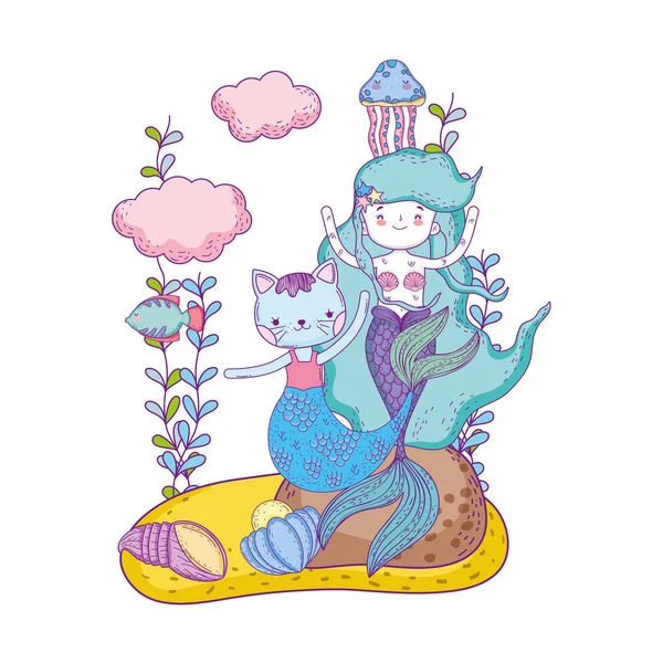 Purrmaid Lucu Dan Putri Duyung Desain Gambar Vektor Adegan Bawah - Stok Vektor