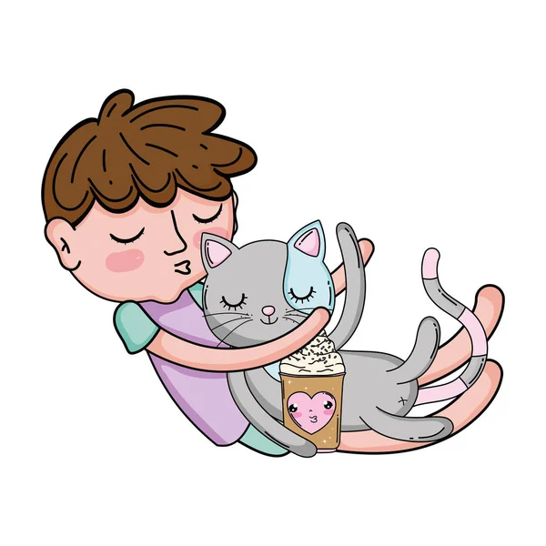 Niño Pequeño Con Gato Kawaii Carácter Vector Ilustración Diseño — Archivo Imágenes Vectoriales