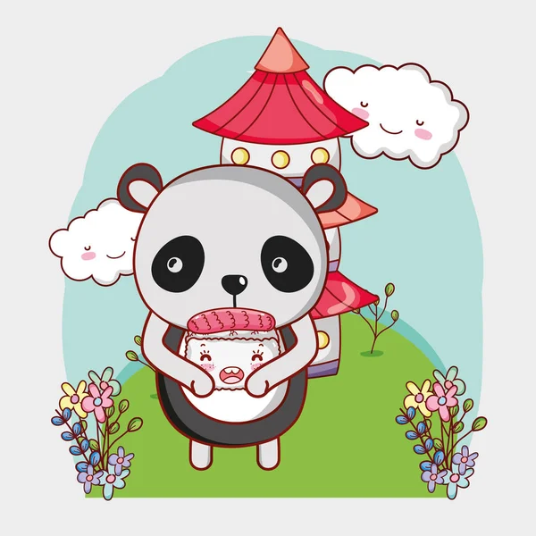 Panda Ours Avec Sushi Asiatique Nourriture Mignon Kawaii Vecteur Illustration — Image vectorielle