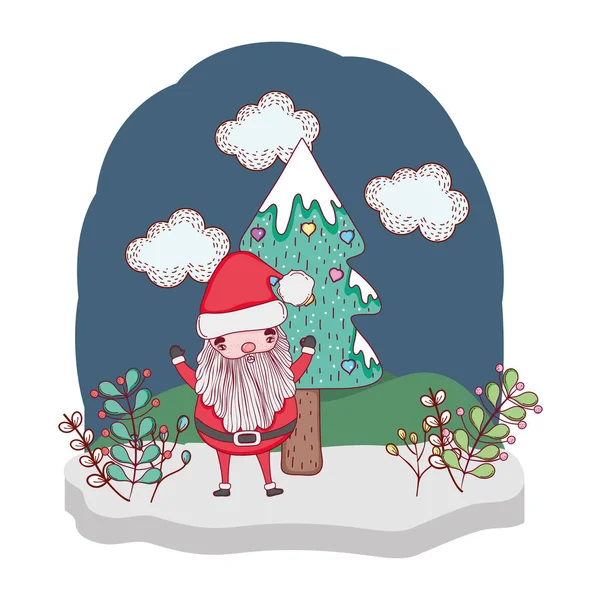 Weihnachtsmann Mit Baum Der Schneelandschaft Vektor Illustration Design — Stockvektor