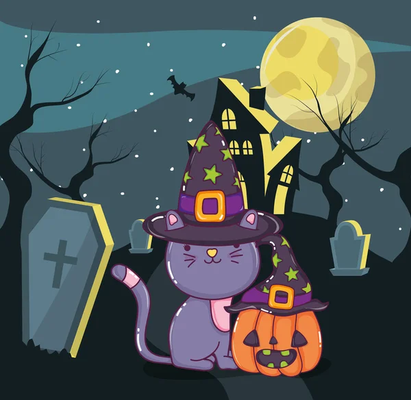 Noite Halloween Com Gato Desenhos Animados Assustadores Ilustração Vetorial Design — Vetor de Stock